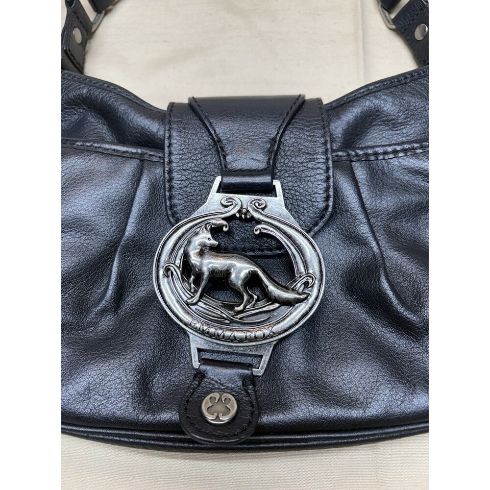 Vintage Y2K Emma Fox Black Leather Shoulder Bag Silver Fox Logo Floral Lining - Picture 12 of 14